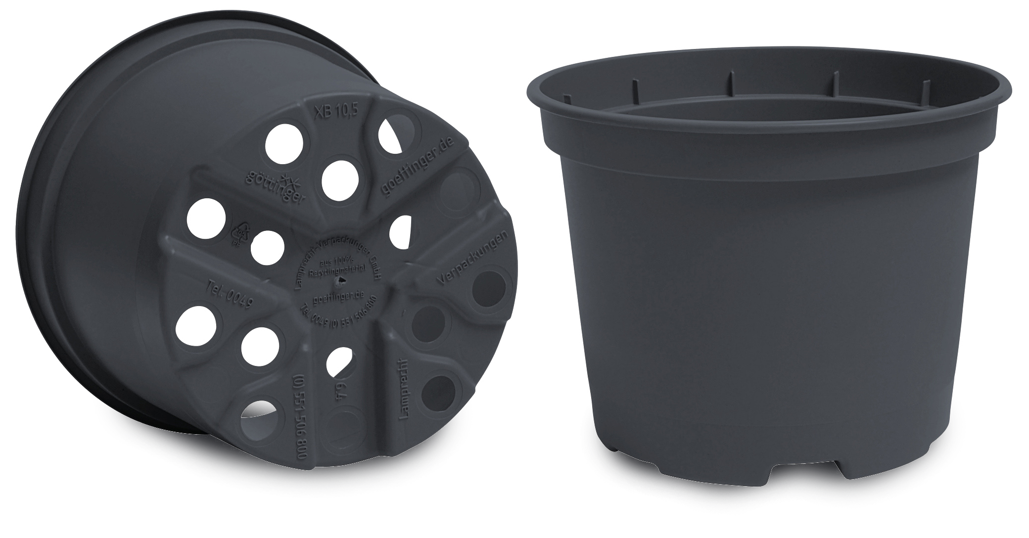 Two black flower pots with holes