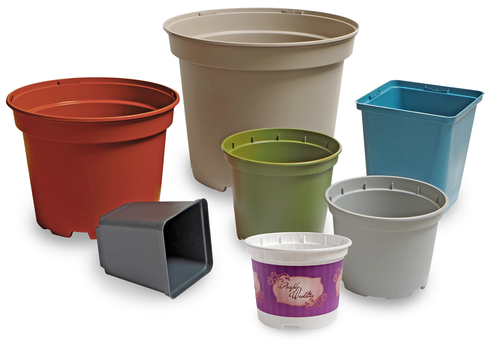 Various colorful plastic flower pots.
